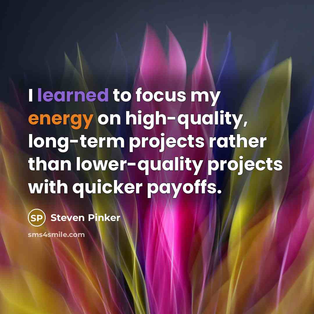 “I learned to focus my energy on high-quality, long-term projects rather than lower-quality projects with quicker payoffs.” quote by Steven Pinker