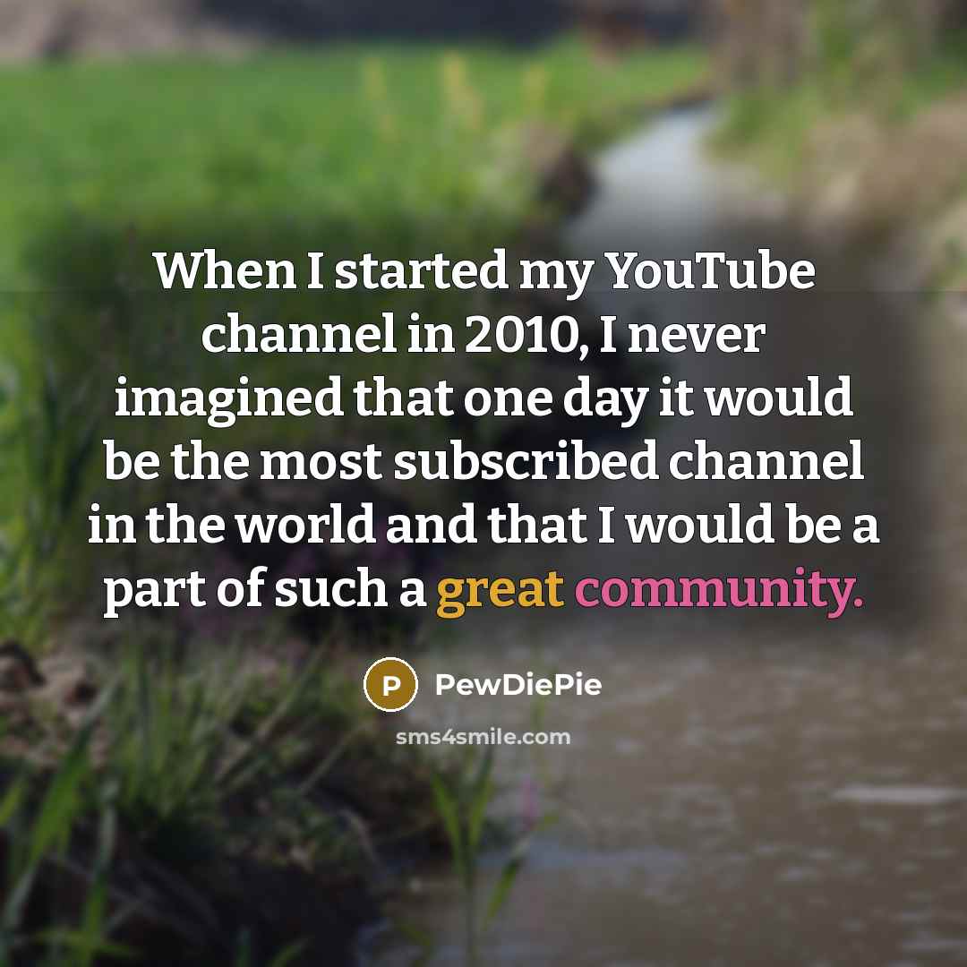 “When I started my YouTube channel in 2010, I never imagined that one day it would be the most subscribed channel in the world and that I would be a part of such a great community.” quote by PewDiePie