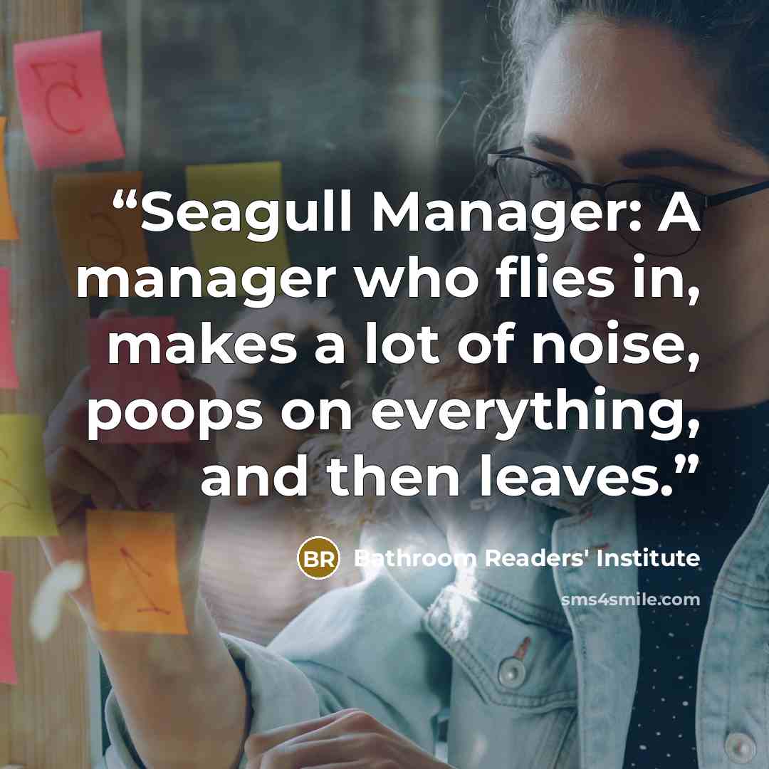 “Seagull Manager: A manager who flies in, makes a lot of noise, poops on everything, and then leaves.” quote by Bathroom Readers' Institute