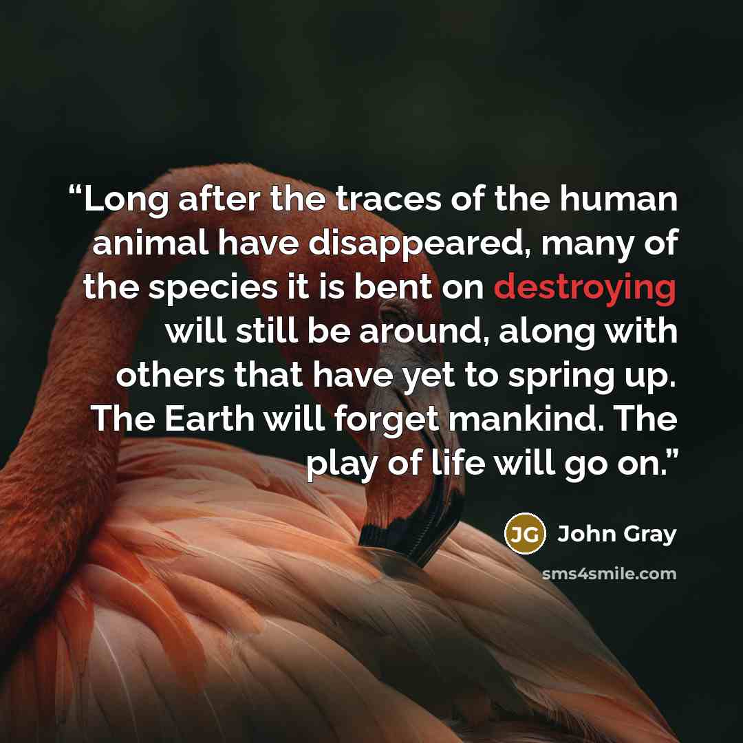 “Long after the traces of the human animal have disappeared, many of the species it is bent on destroying will still be around, along with others that have yet to spring up. The Earth will forget mankind. The play of life will go on.” quote by John Gray