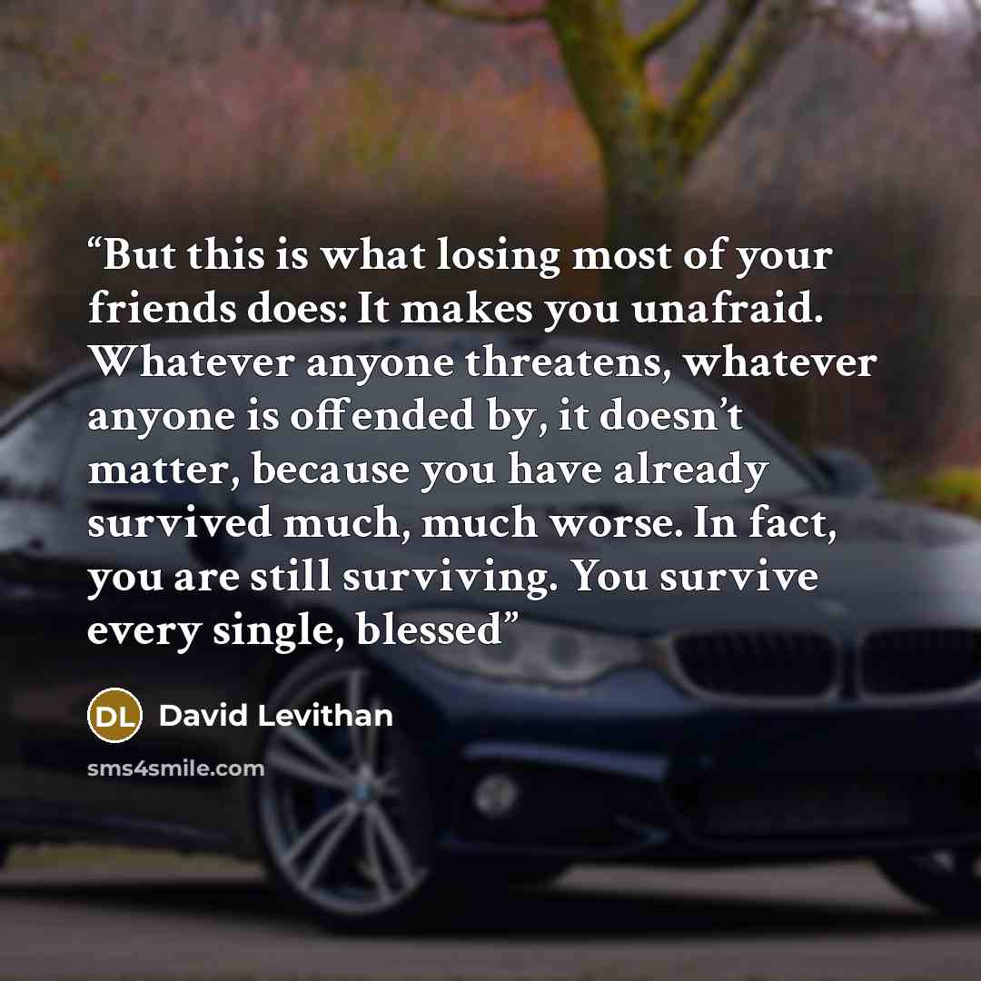 “But this is what losing most of your friends does: It makes you unafraid. Whatever anyone threatens, whatever anyone is offended by, it doesn’t matter, because you have already survived much, much worse. In fact, you are still surviving. You survive every single, blessed” quote by David Levithan