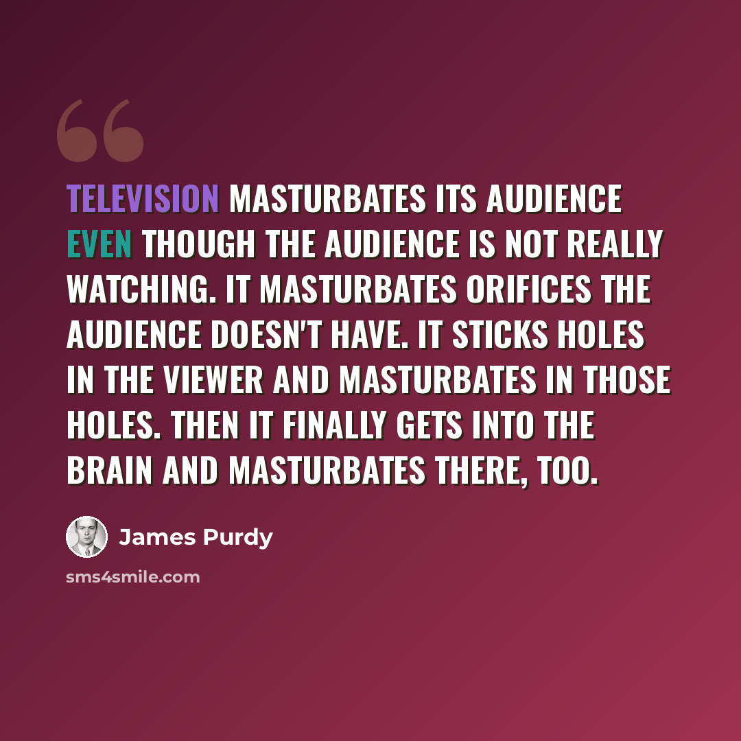 “Television masturbates its audience even though the audience is not really watching. It masturbates orifices the audience doesn't have. It sticks holes in the viewer and masturbates in those holes. Then it finally gets into the brain and masturbates there, too.” quote by James Purdy