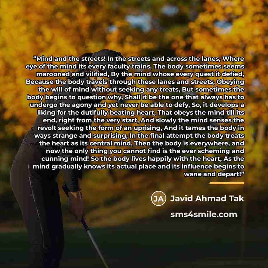 “Mind and the streets! In the streets and across the lanes, Where eye of the mind its every faculty trains, The body sometimes seems marooned and vilified, By the mind whose every quest it defied, Because the body travels through these lanes and streets, Obeying the will of mind without seeking any…” quote by Javid Ahmad Tak