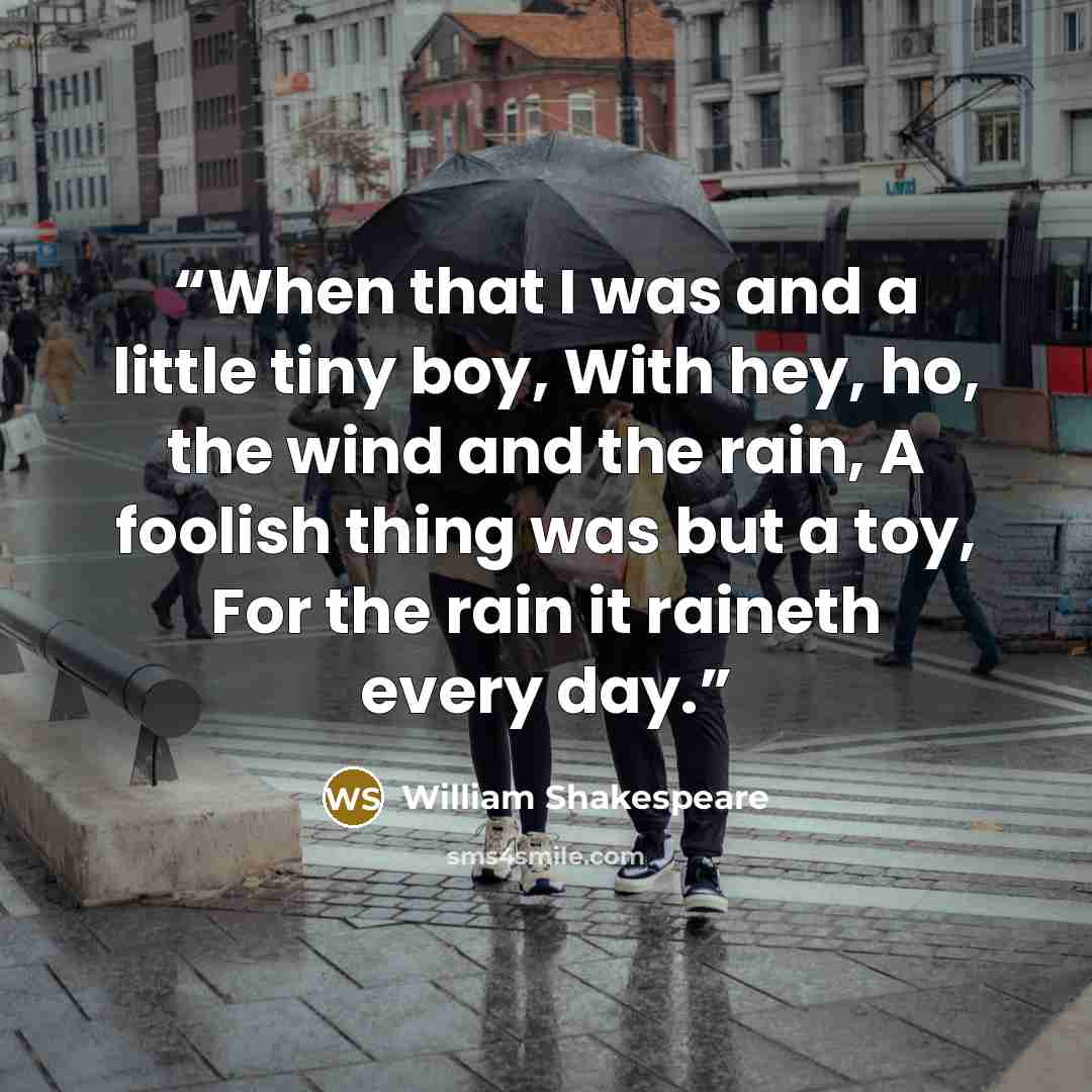 “When that I was and a little tiny boy, With hey, ho, the wind and the rain, A foolish thing was but a toy, For the rain it raineth every day.” quote by William Shakespeare