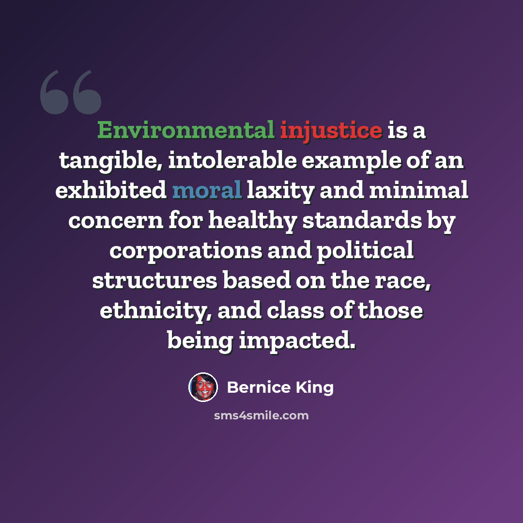 “Environmental injustice is a tangible, intolerable example of an exhibited moral laxity and minimal concern for healthy standards by corporations and political structures based on the race, ethnicity, and class of those being impacted.” quote by Bernice King