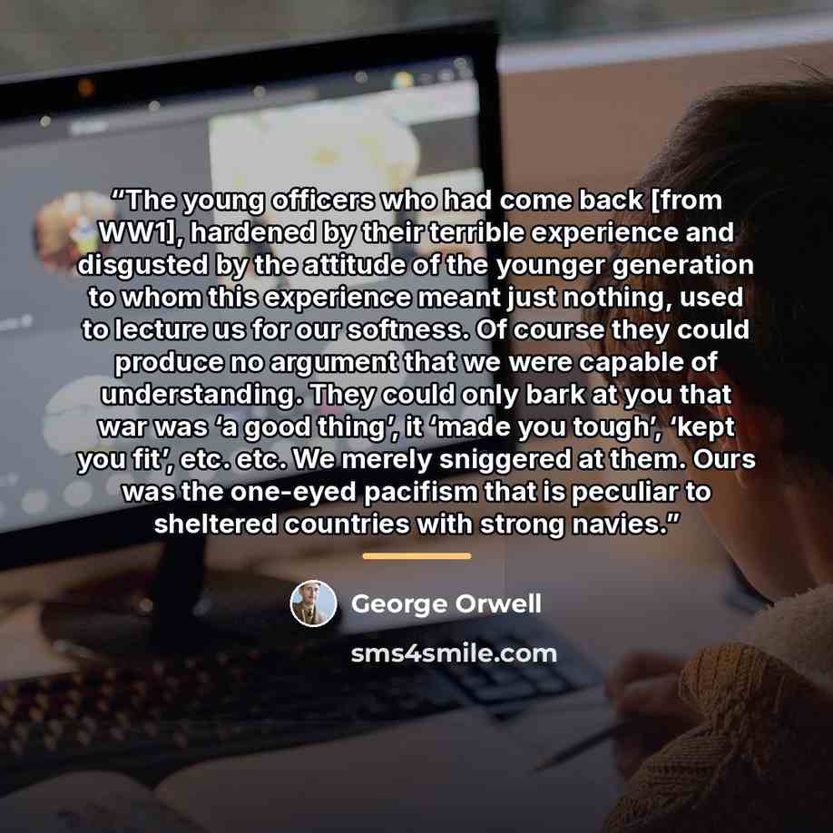 “The young officers who had come back [from WW1], hardened by their terrible experience and disgusted by the attitude of the younger generation to whom this experience meant just nothing, used to lecture us for our softness. Of course they could produce no argument that we were capable of…” quote by George Orwell