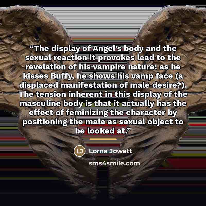 “The display of Angel's body and the sexual reaction it provokes lead to the revelation of his vampire nature: as he kisses Buffy, he shows his vamp face (a displaced manifestation of male desire?). The tension inherent in this display of the masculine body is that it actually has the effect of…” quote by Lorna Jowett