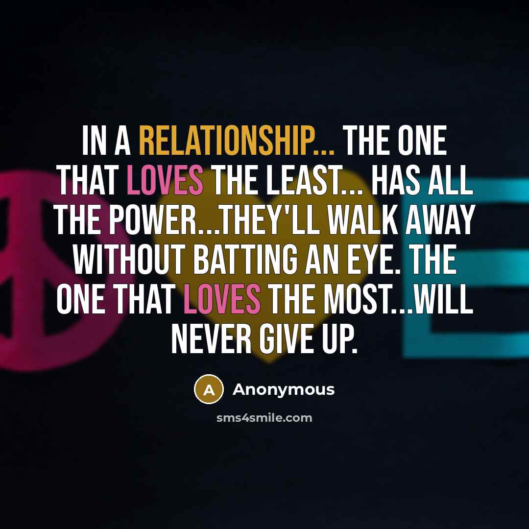 “In a Relationship... The one that Loves the Least... has All the Power...they'll walk away without batting an eye. The one that Loves the Most...will never give up.” quote by Anonymous
