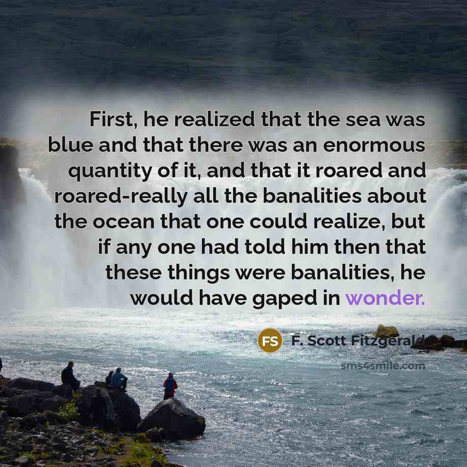 “First, he realized that the sea was blue and that there was an enormous quantity of it, and that it roared and roared-really all the banalities about the ocean that one could realize, but if any one had told him then that these things were banalities, he would have gaped in wonder.” quote by F. Scott Fitzgerald