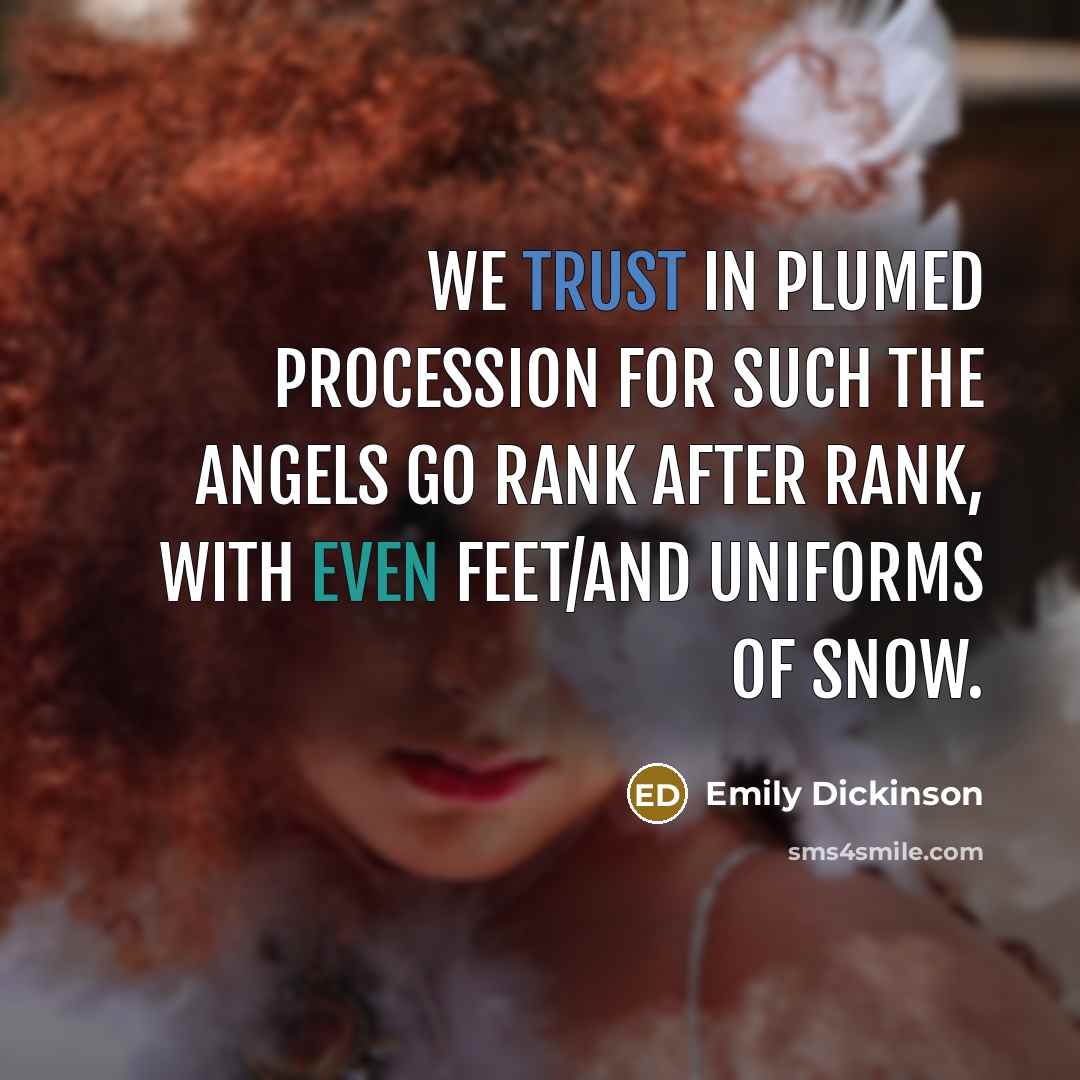 “We trust in plumed procession For such the angels go Rank after rank, with even feet/And uniforms of snow.” quote by Emily Dickinson