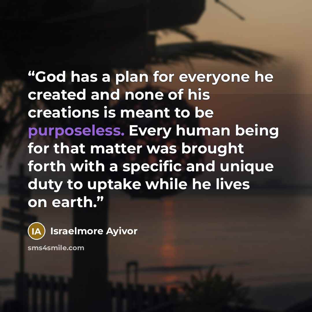 “God has a plan for everyone he created and none of his creations is meant to be purposeless. Every human being for that matter was brought forth with a specific and unique duty to uptake while he lives on earth.” quote by Israelmore Ayivor
