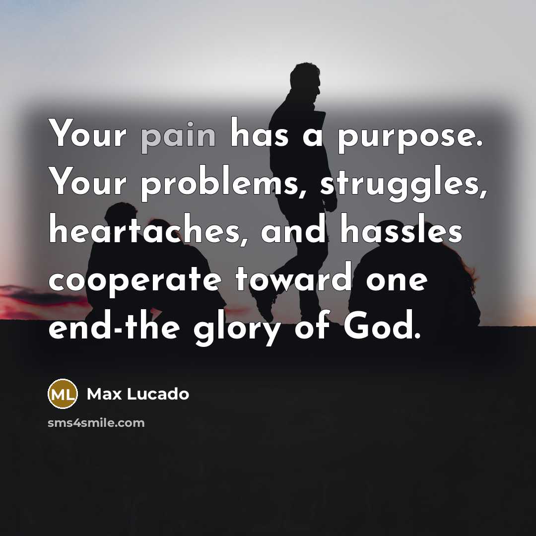 “Your pain has a purpose. Your problems, struggles, heartaches, and hassles cooperate toward one end-the glory of God.” quote by Max Lucado