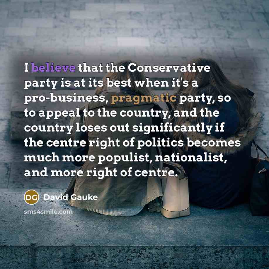 “I believe that the Conservative party is at its best when it's a pro-business, pragmatic party, so to appeal to the country, and the country loses out significantly if the centre right of politics becomes much more populist, nationalist, and more right of centre.” quote by David Gauke