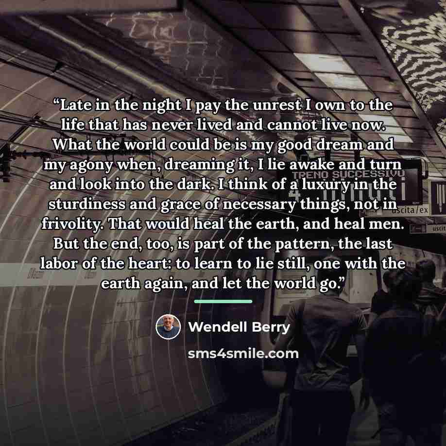 “Late in the night I pay the unrest I own to the life that has never lived and cannot live now. What the world could be is my good dream and my agony when, dreaming it, I lie awake and turn and look into the dark. I think of a luxury in the sturdiness and grace of necessary things, not in…” quote by Wendell Berry
