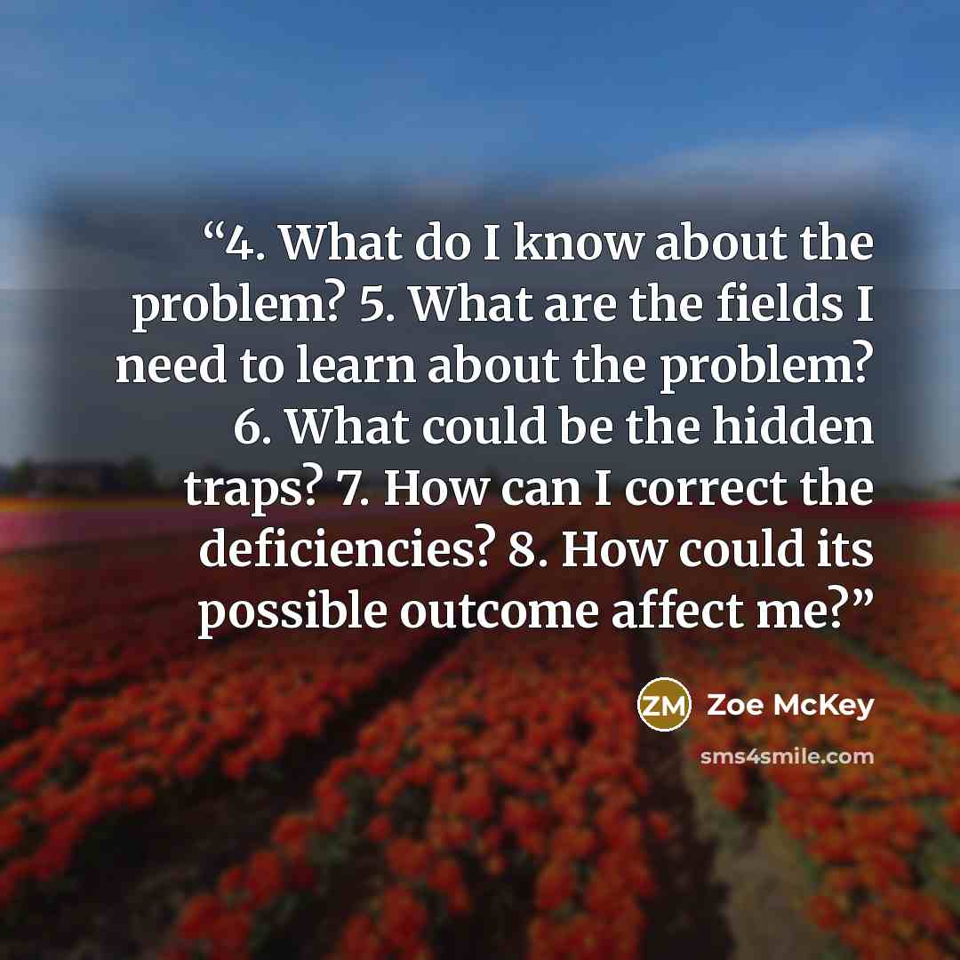 “4. What do I know about the problem? 5. What are the fields I need to learn about the problem? 6. What could be the hidden traps? 7. How can I correct the deficiencies? 8. How could its possible outcome affect me?” quote by Zoe McKey