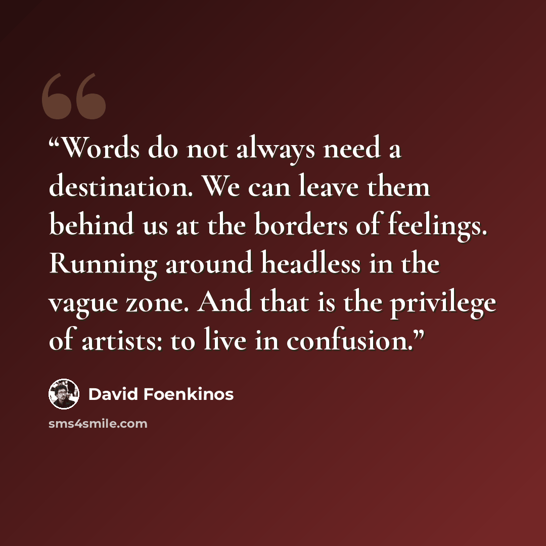 “Words do not always need a destination. We can leave them behind us at the borders of feelings. Running around headless in the vague zone. And that is the privilege of artists: to live in confusion.” quote by David Foenkinos