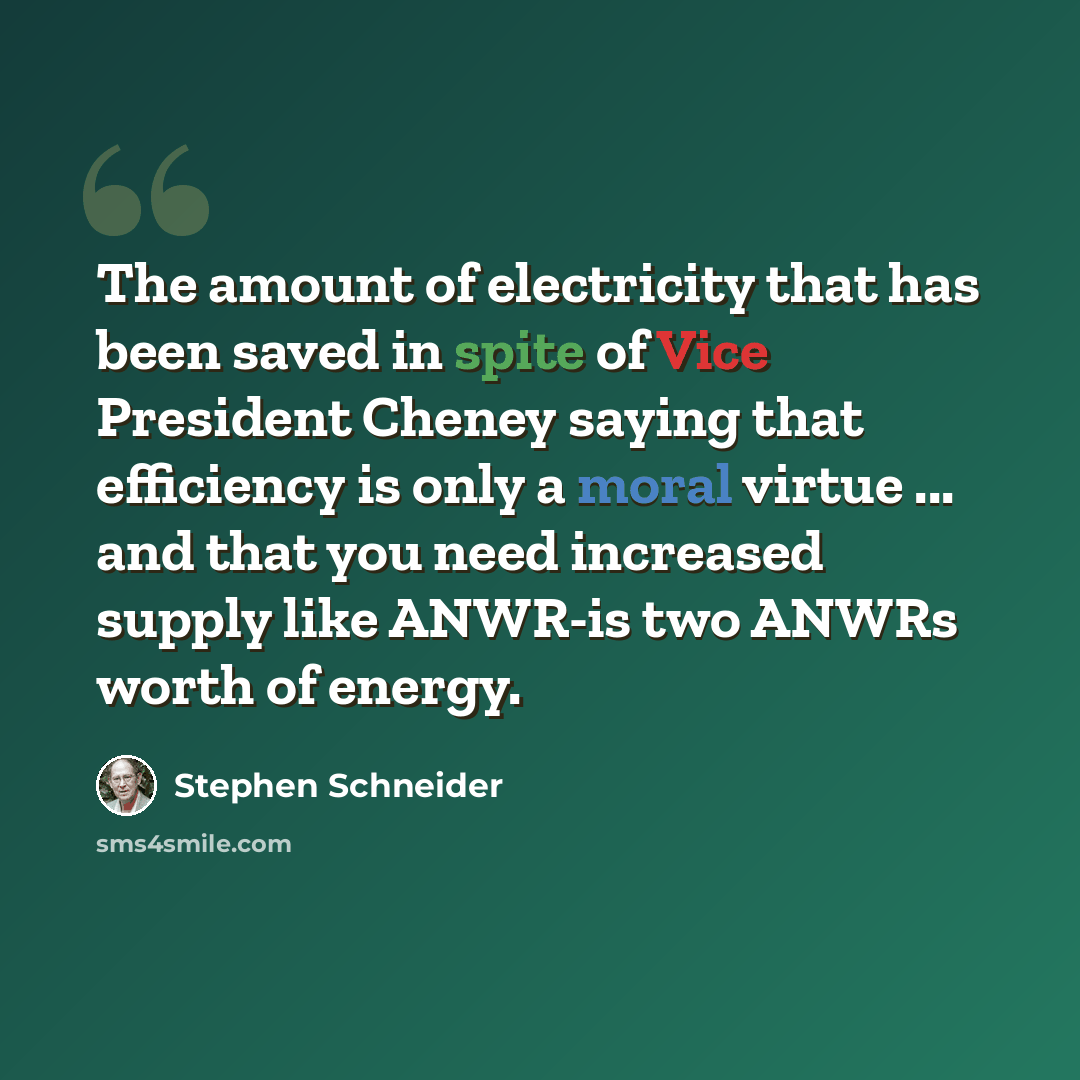 “The amount of electricity that has been saved in spite of Vice President Cheney saying that efficiency is only a moral virtue ... and that you need increased supply like ANWR-is two ANWRs worth of energy.” quote by Stephen Schneider