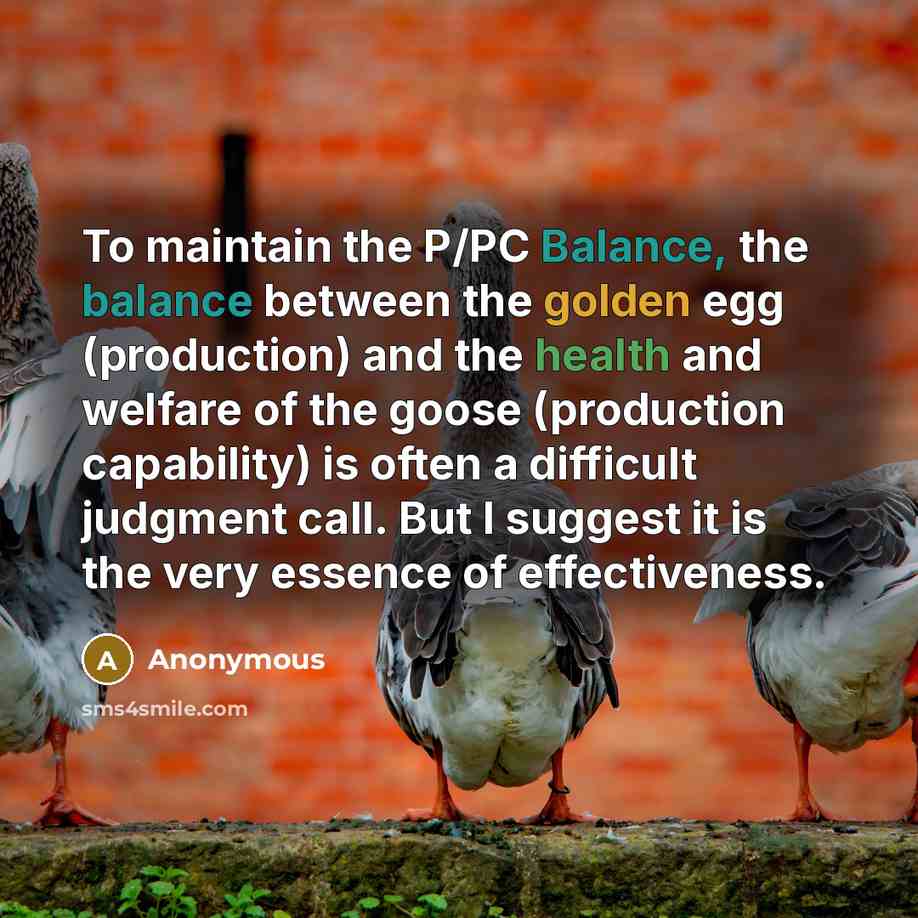 “To maintain the P/PC Balance, the balance between the golden egg (production) and the health and welfare of the goose (production capability) is often a difficult judgment call. But I suggest it is the very essence of effectiveness.” quote by Anonymous