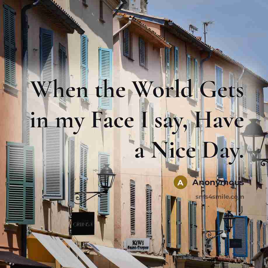 “When the World Gets in my Face I say, Have a Nice Day.” quote by Anonymous