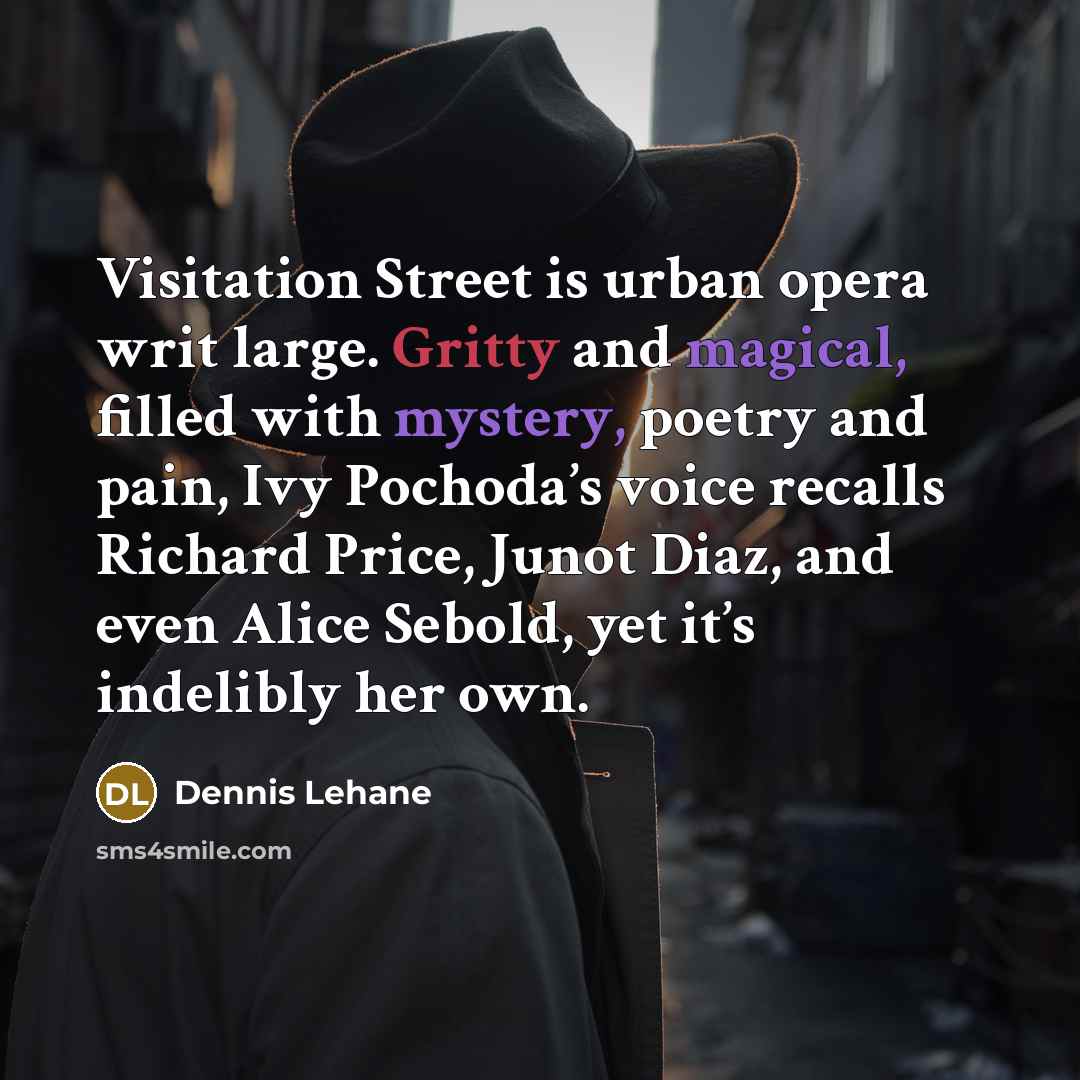 “Visitation Street is urban opera writ large. Gritty and magical, filled with mystery, poetry and pain, Ivy Pochoda’s voice recalls Richard Price, Junot Diaz, and even Alice Sebold, yet it’s indelibly her own.” quote by Dennis Lehane
