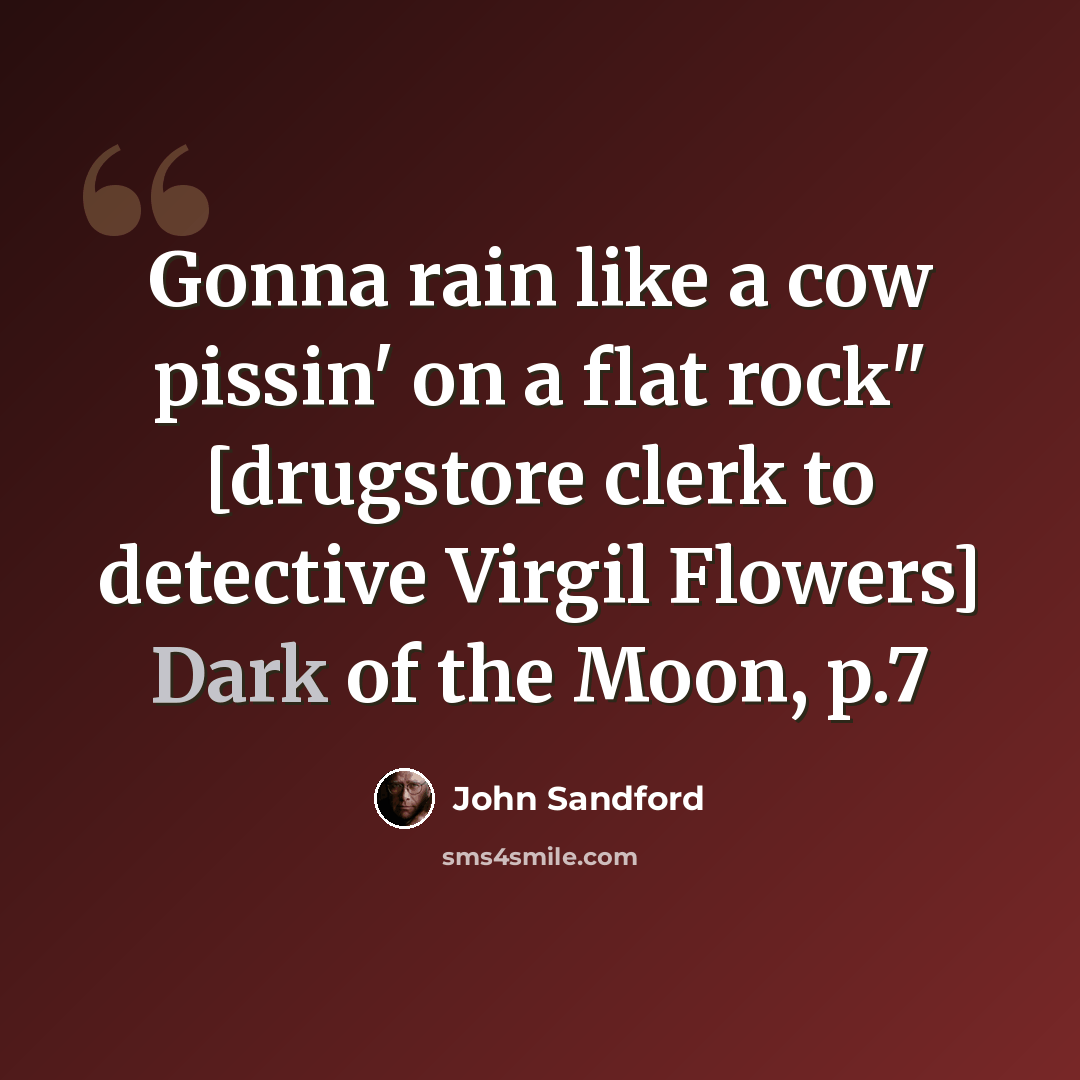 “Gonna rain like a cow pissin' on a flat rock" [drugstore clerk to detective Virgil Flowers] Dark of the Moon, p.7” quote by John Sandford