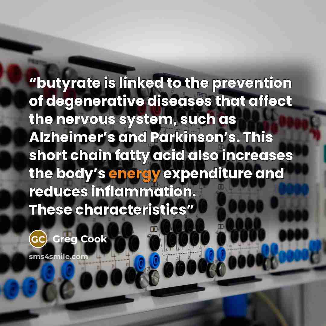 “butyrate is linked to the prevention of degenerative diseases that affect the nervous system, such as Alzheimer’s and Parkinson’s. This short chain fatty acid also increases the body’s energy expenditure and reduces inflammation. These characteristics” quote by Greg Cook