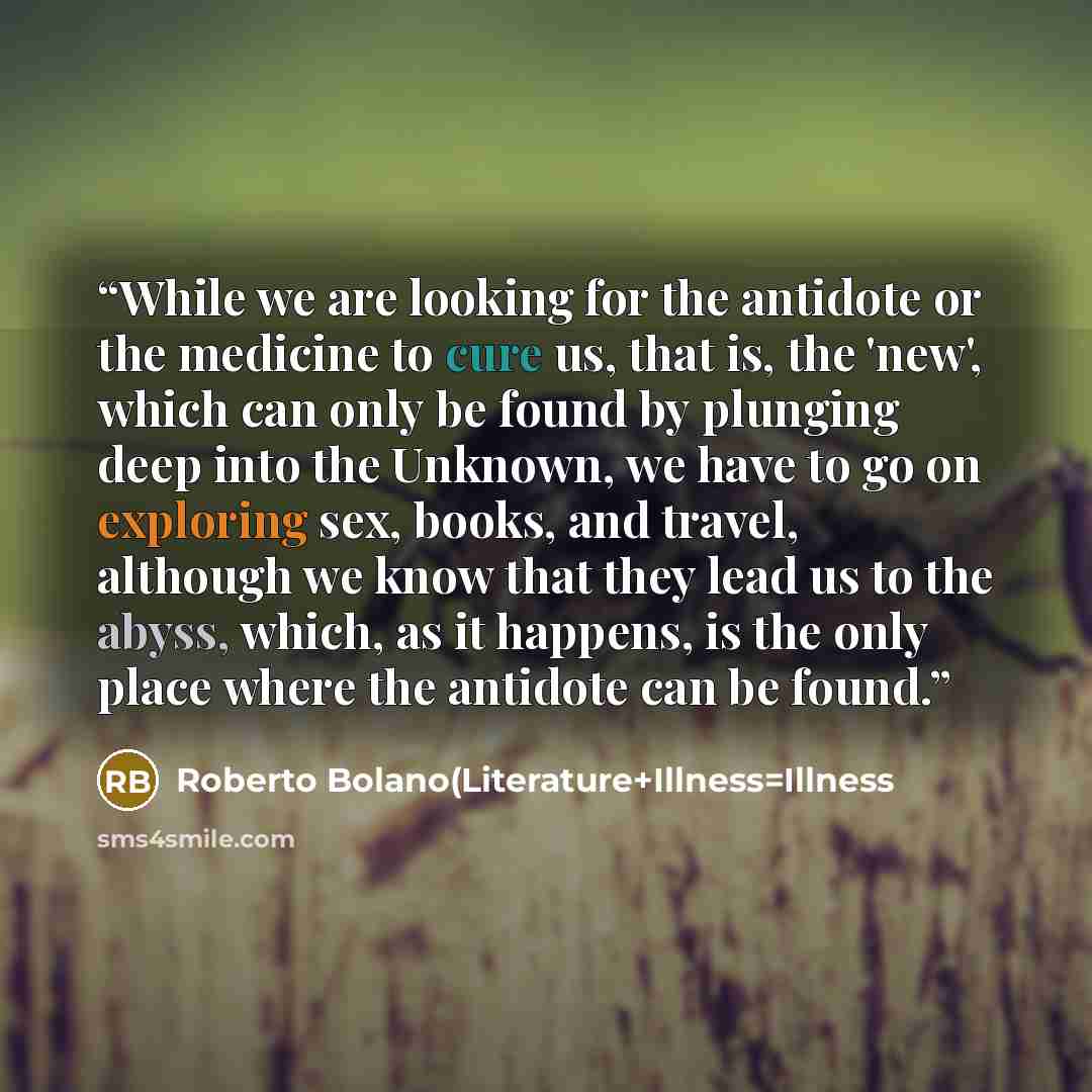 “While we are looking for the antidote or the medicine to cure us, that is, the 'new', which can only be found by plunging deep into the Unknown, we have to go on exploring sex, books, and travel, although we know that they lead us to the abyss, which, as it happens, is the only place where the…” quote by Roberto Bolano(Literature+Illness=Illness