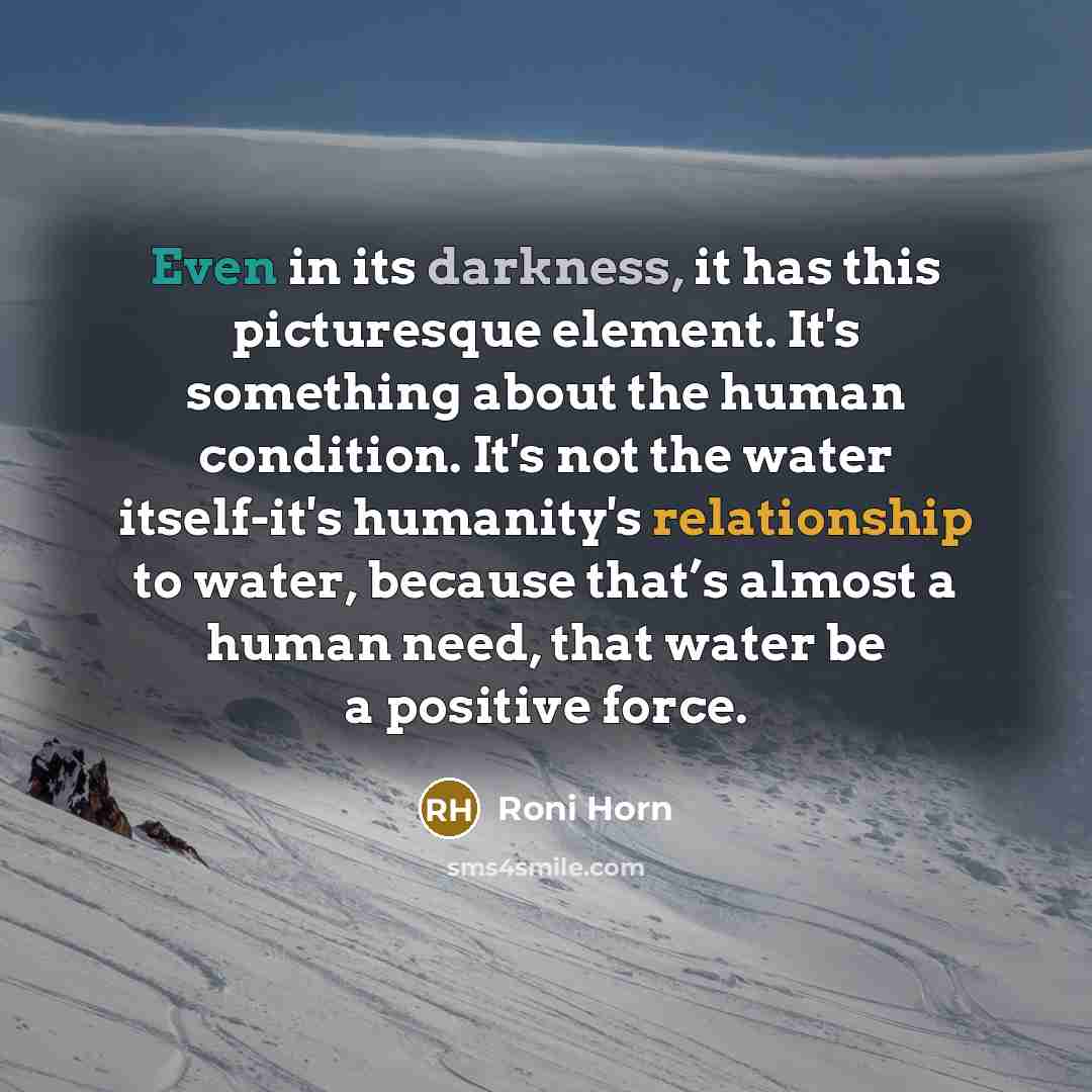 “Even in its darkness, it has this picturesque element. It's something about the human condition. It's not the water itself-it's humanity's relationship to water, because that’s almost a human need, that water be a positive force.” quote by Roni Horn