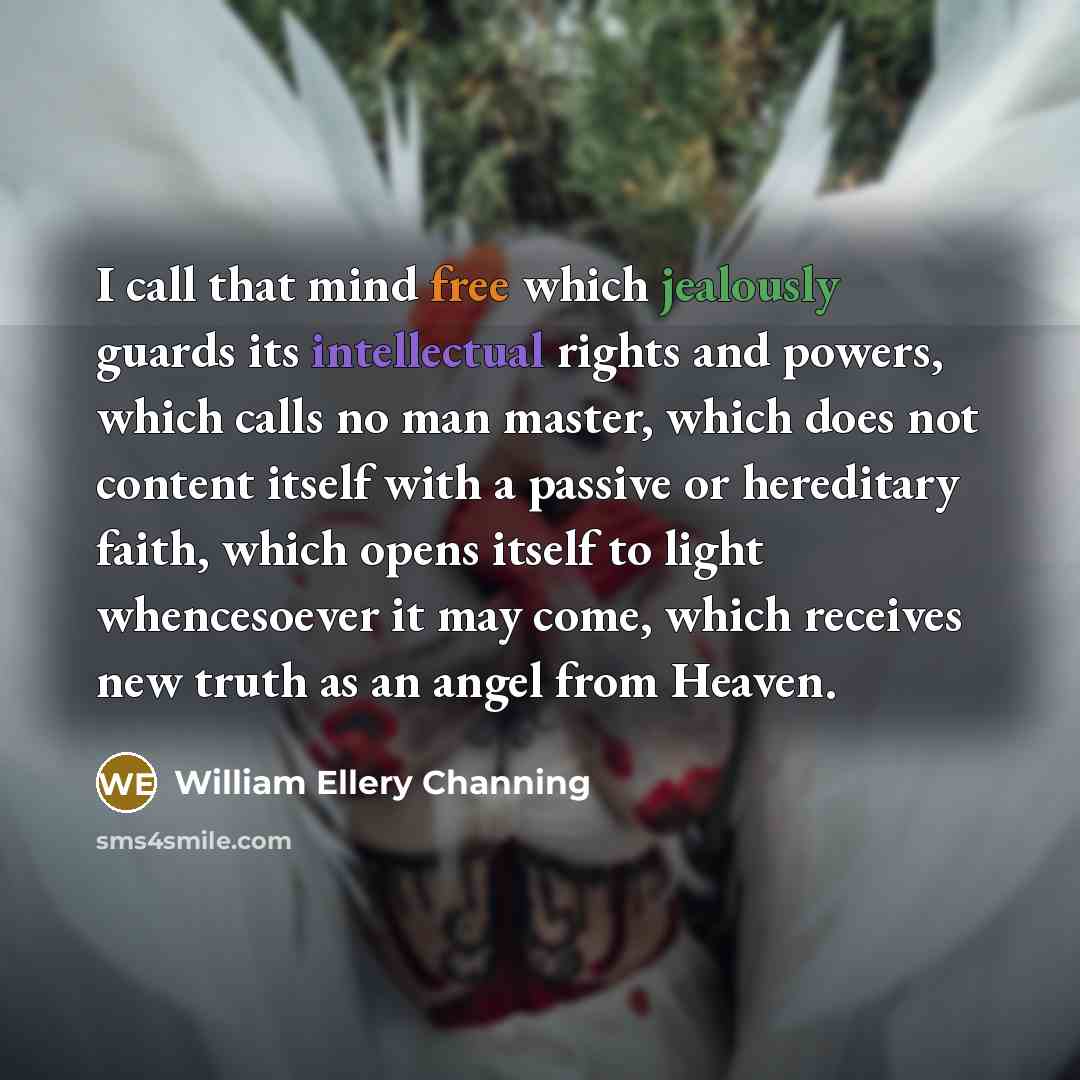 “I call that mind free which jealously guards its intellectual rights and powers, which calls no man master, which does not content itself with a passive or hereditary faith, which opens itself to light whencesoever it may come, which receives new truth as an angel from Heaven.” quote by William Ellery Channing