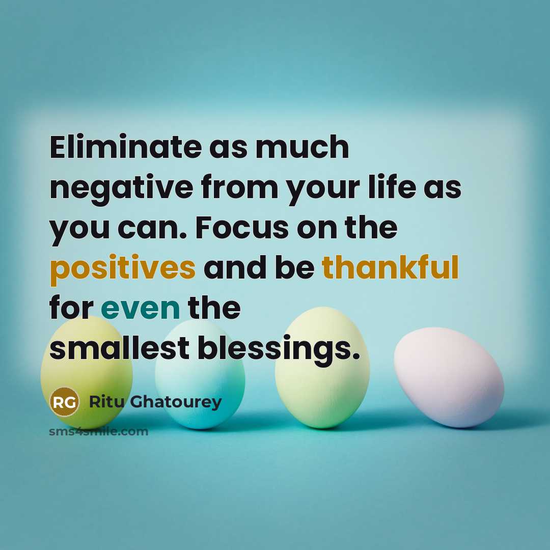 “Eliminate as much negative from your life as you can. Focus on the positives and be thankful for even the smallest blessings.” quote by Ritu Ghatourey