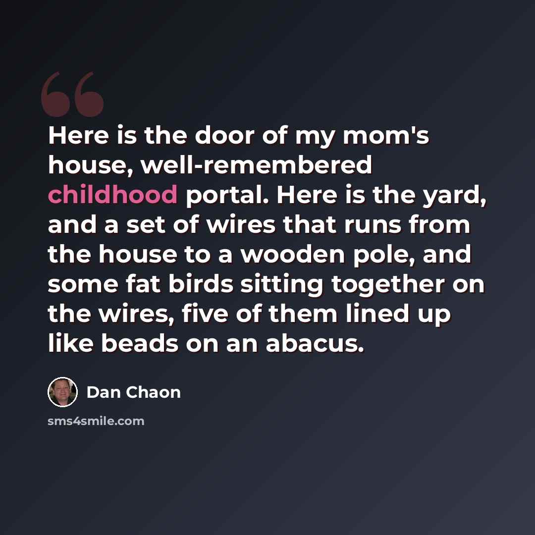 “Here is the door of my mom's house, well-remembered childhood portal. Here is the yard, and a set of wires that runs from the house to a wooden pole, and some fat birds sitting together on the wires, five of them lined up like beads on an abacus.” quote by Dan Chaon