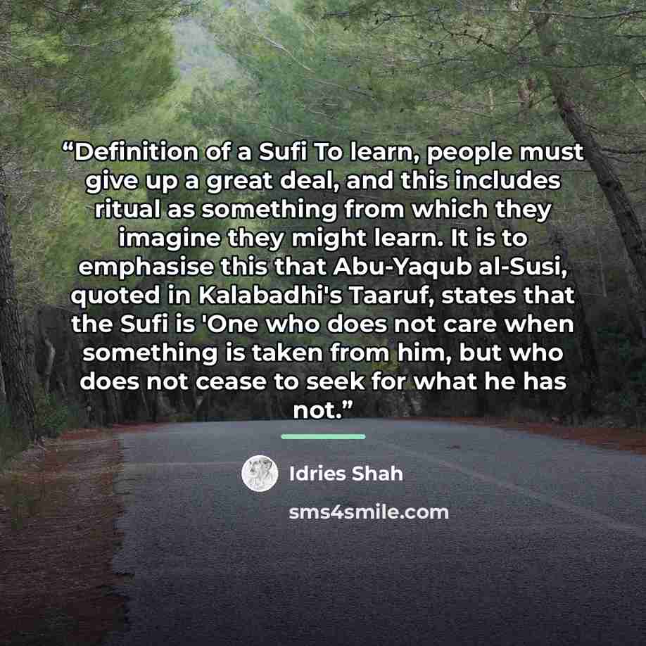 “Definition of a Sufi To learn, people must give up a great deal, and this includes ritual as something from which they imagine they might learn. It is to emphasise this that Abu-Yaqub al-Susi, quoted in Kalabadhi's Taaruf, states that the Sufi is 'One who does not care when something is taken from…” quote by Idries Shah