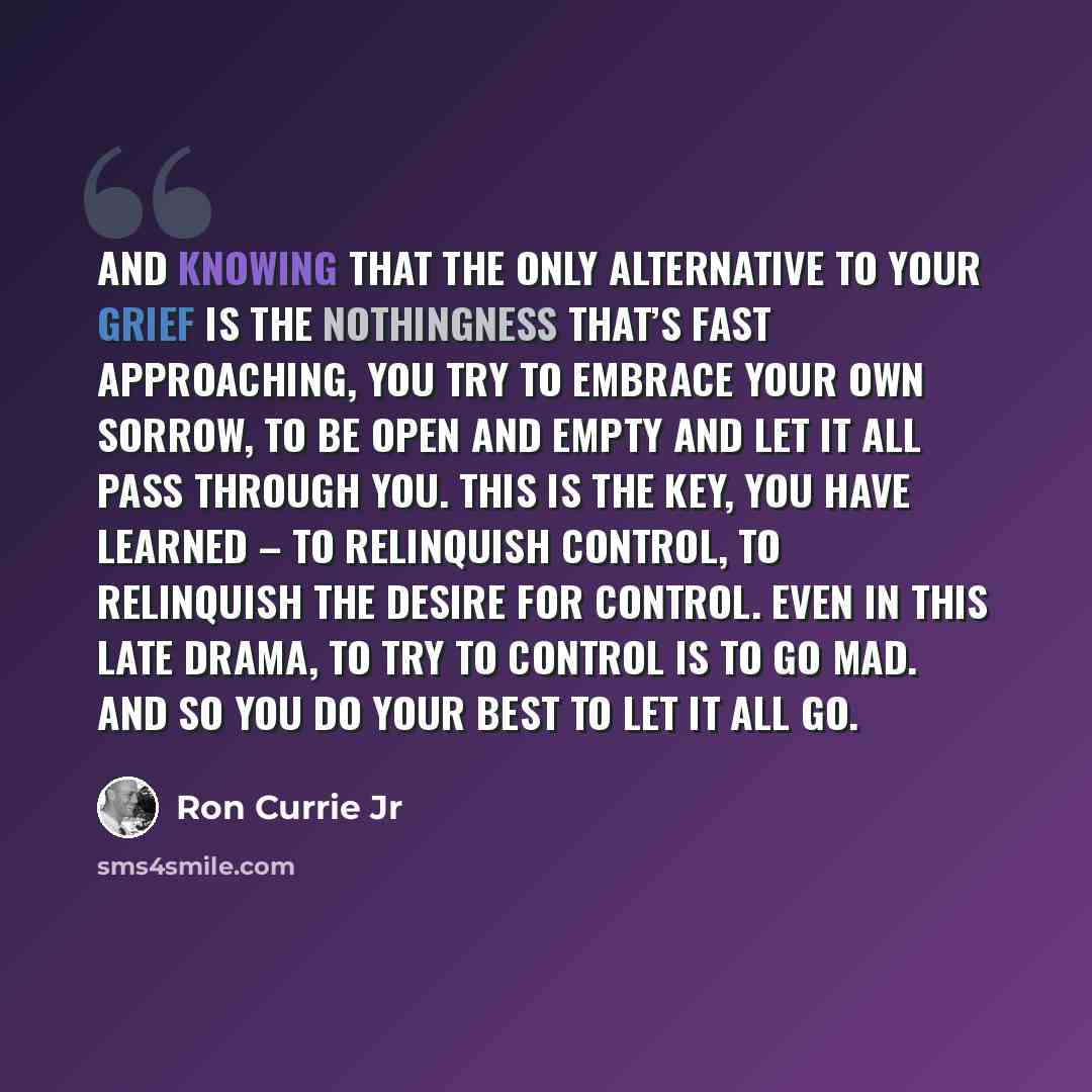 “And knowing that the only alternative to your grief is the nothingness that’s fast approaching, you try to embrace your own sorrow, to be open and empty and let it all pass through you. This is the key, you have learned – to relinquish control, to relinquish the desire for control. Even in this…” quote by Ron Currie Jr