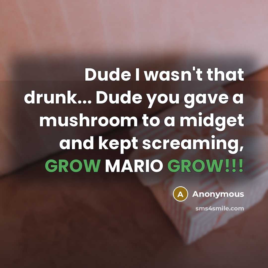 “Dude I wasn't that drunk... Dude you gave a mushroom to a midget and kept screaming, GROW MARIO GROW!!!” quote by Anonymous