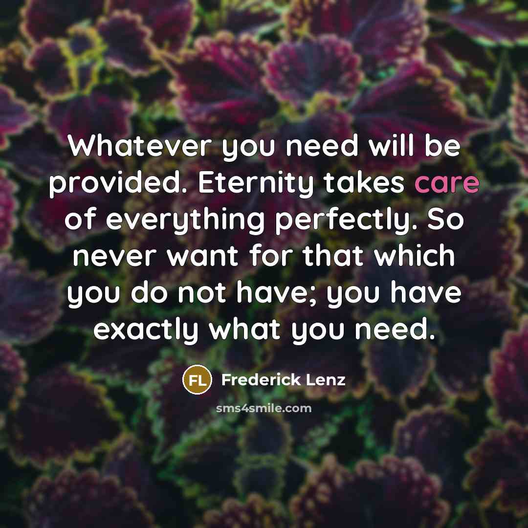 “Whatever you need will be provided. Eternity takes care of everything perfectly. So never want for that which you do not have; you have exactly what you need.” quote by Frederick Lenz