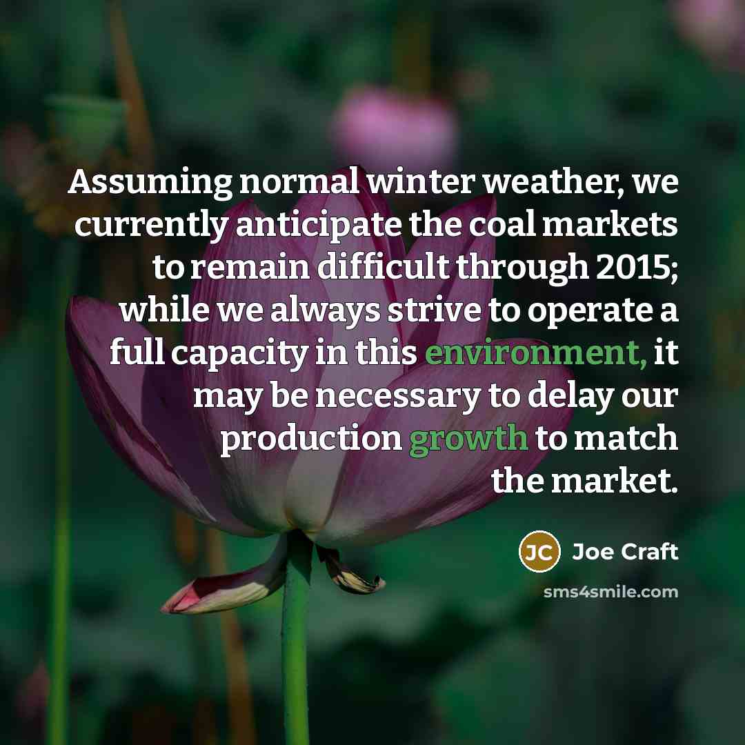 “Assuming normal winter weather, we currently anticipate the coal markets to remain difficult through 2015; while we always strive to operate a full capacity in this environment, it may be necessary to delay our production growth to match the market.” quote by Joe Craft