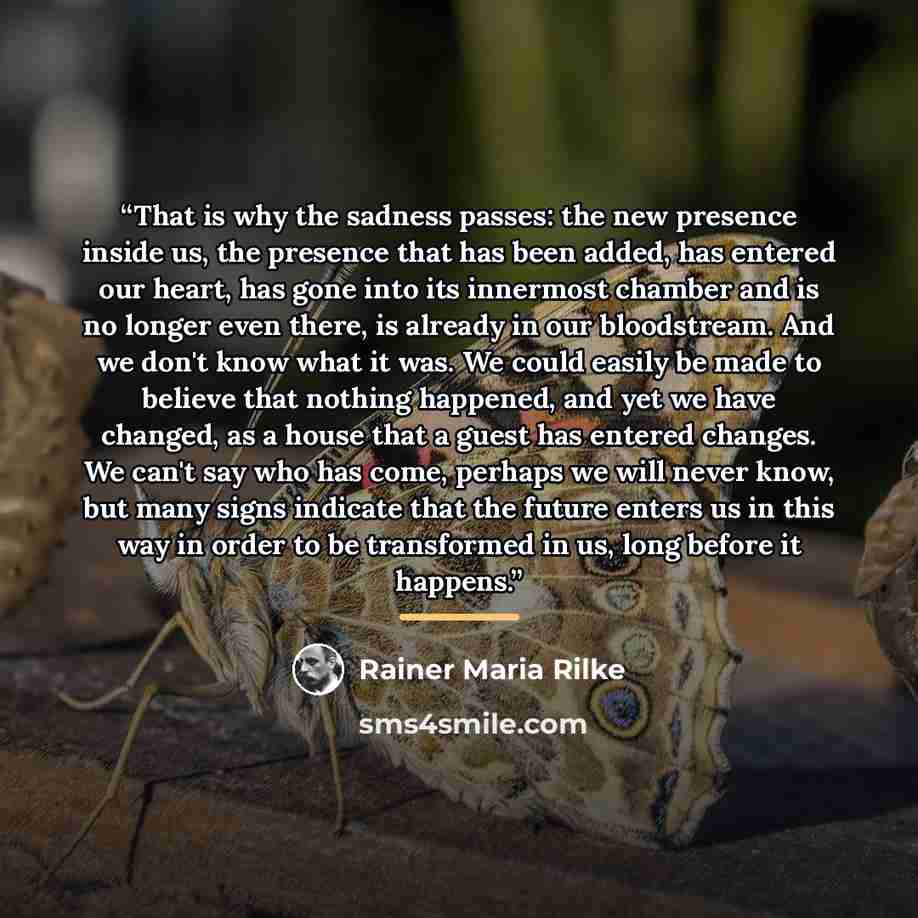 “That is why the sadness passes: the new presence inside us, the presence that has been added, has entered our heart, has gone into its innermost chamber and is no longer even there, is already in our bloodstream. And we don't know what it was. We could easily be made to believe that nothing…” quote by Rainer Maria Rilke