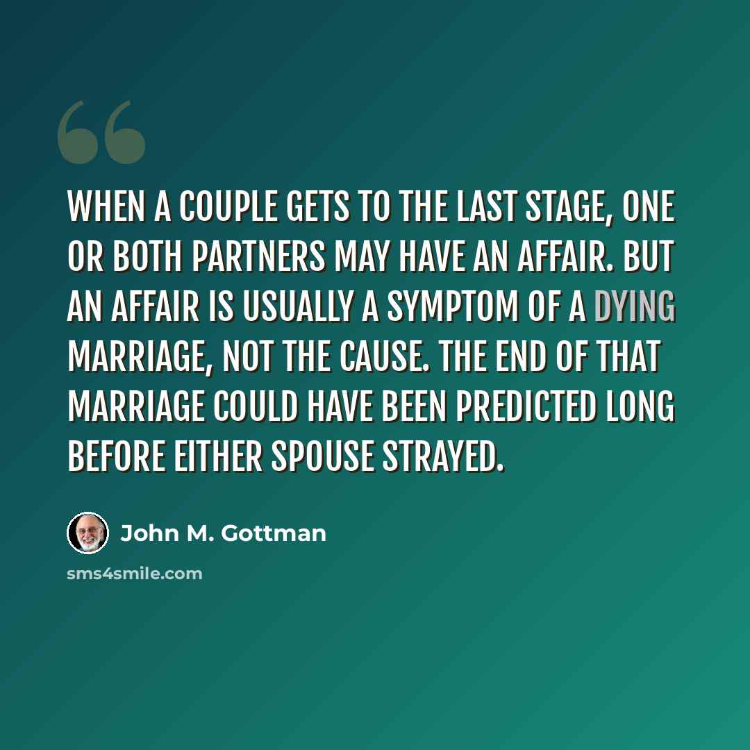 “When a couple gets to the last stage, one or both partners may have an affair. But an affair is usually a symptom of a dying marriage, not the cause. The end of that marriage could have been predicted long before either spouse strayed.” quote by John M. Gottman