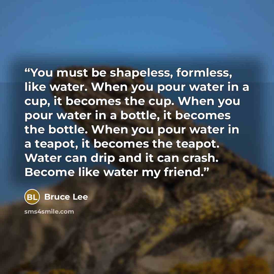 “You must be shapeless, formless, like water. When you pour water in a cup, it becomes the cup. When you pour water in a bottle, it becomes the bottle. When you pour water in a teapot, it becomes the teapot. Water can drip and it can crash. Become like water my friend.” quote by Bruce Lee