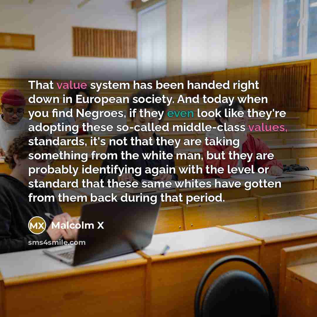 “That value system has been handed right down in European society. And today when you find Negroes, if they even look like they're adopting these so-called middle-class values, standards, it's not that they are taking something from the white man, but they are probably identifying again with the…” quote by Malcolm X