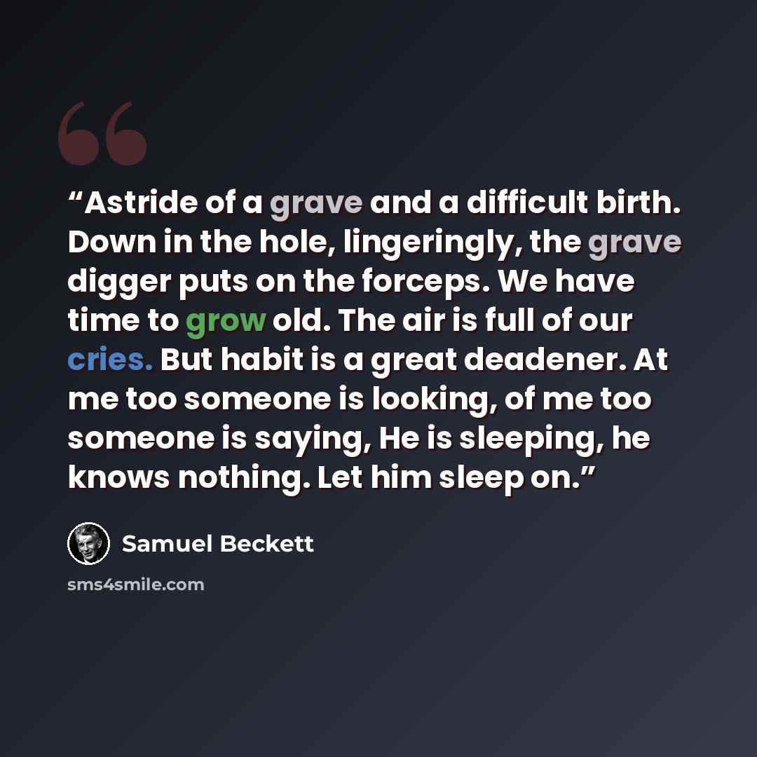 “Astride of a grave and a difficult birth. Down in the hole, lingeringly, the grave digger puts on the forceps. We have time to grow old. The air is full of our cries. But habit is a great deadener. At me too someone is looking, of me too someone is saying, He is sleeping, he knows nothing. Let him…” quote by Samuel Beckett