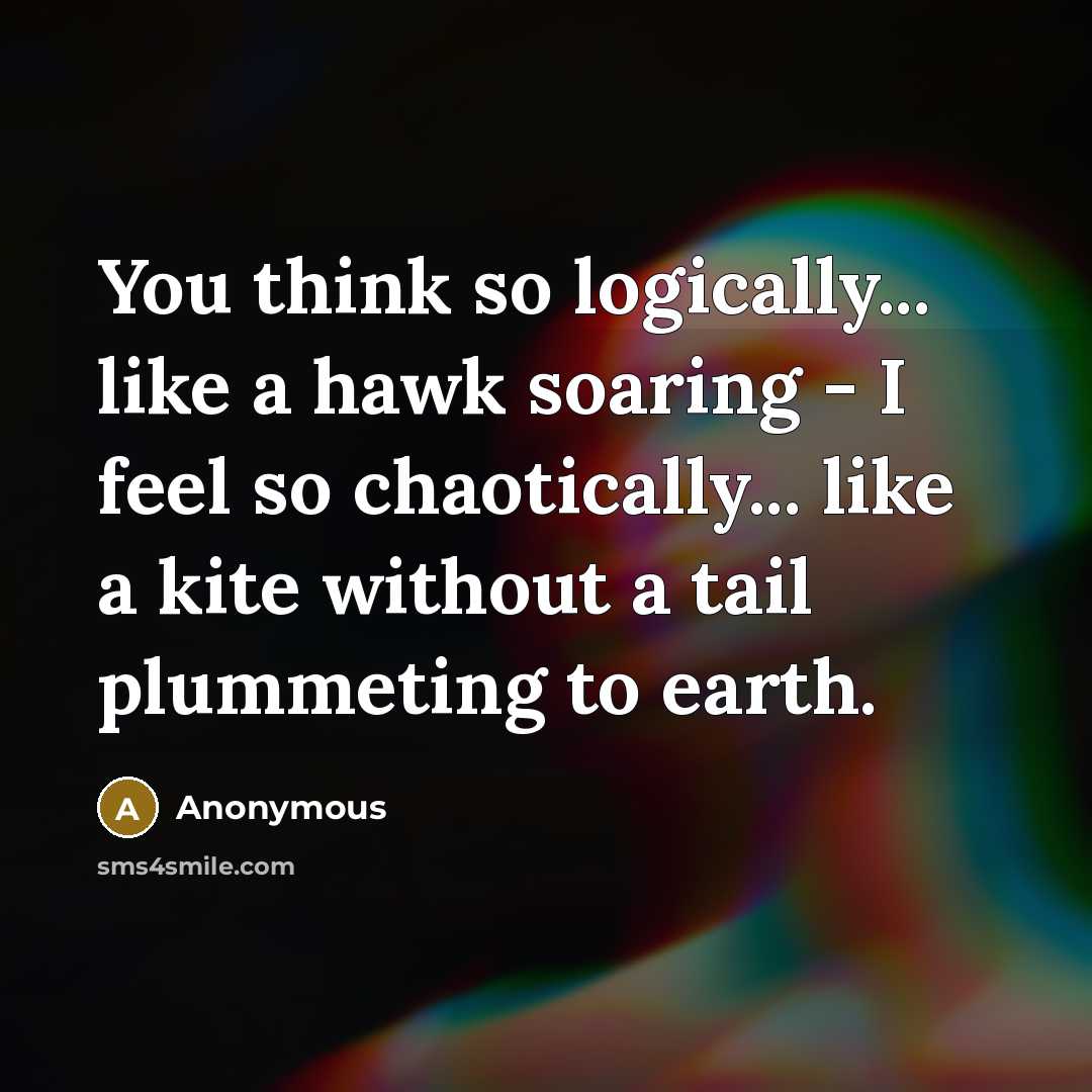 “You think so logically... like a hawk soaring - I feel so chaotically... like a kite without a tail plummeting to earth.” quote by Anonymous