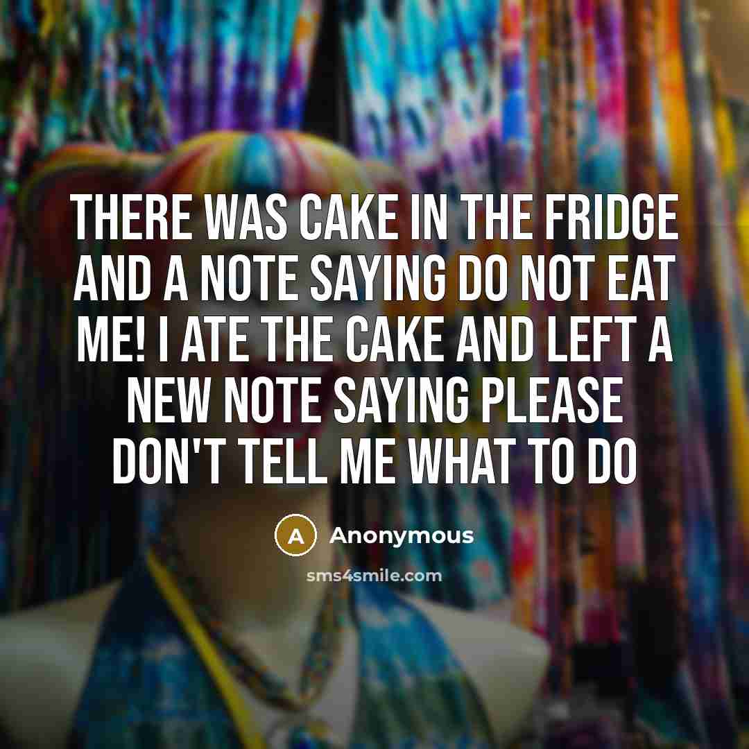 “There was cake in the fridge and a note saying do not eat me! I ate the cake and left a new note saying please don't tell me what to do” quote by Anonymous