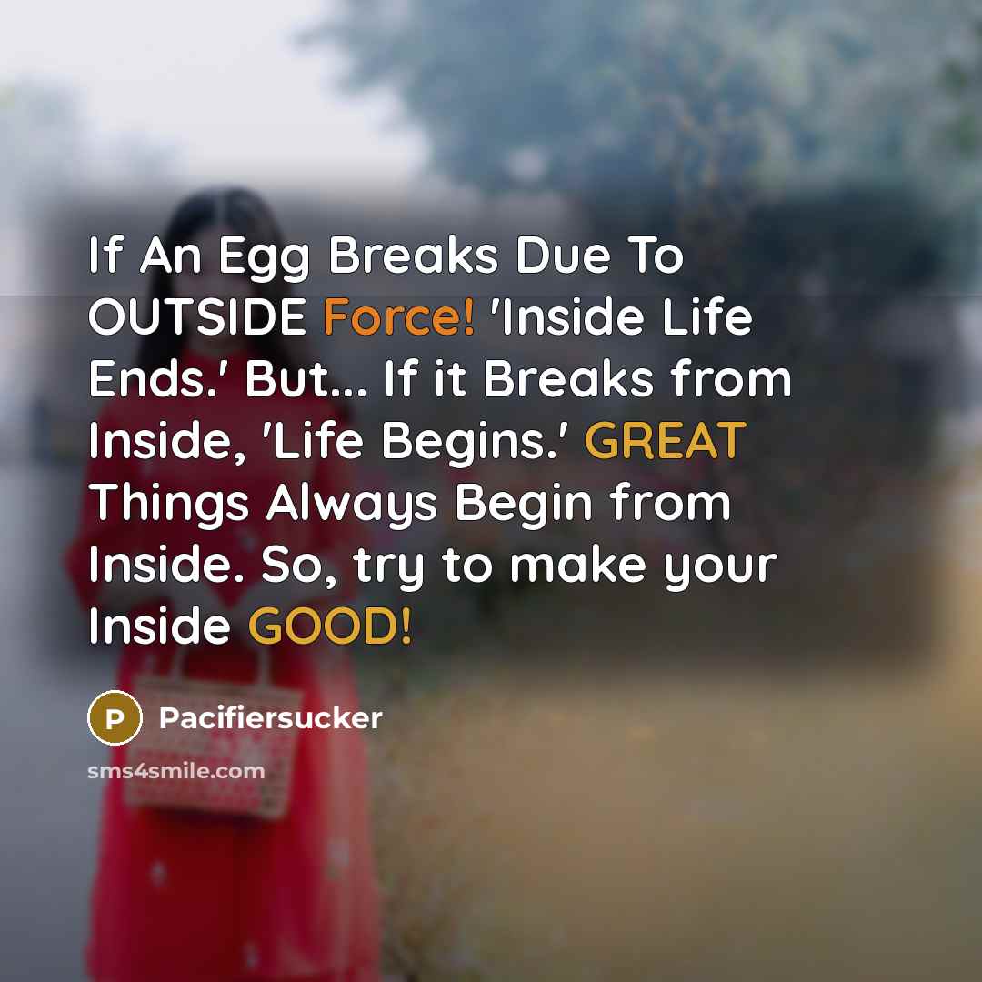 “If An Egg Breaks Due To OUTSIDE Force! 'Inside Life Ends.' But... If it Breaks from Inside, 'Life Begins.' GREAT Things Always Begin from Inside. So, try to make your Inside GOOD!” quote by Pacifiersucker