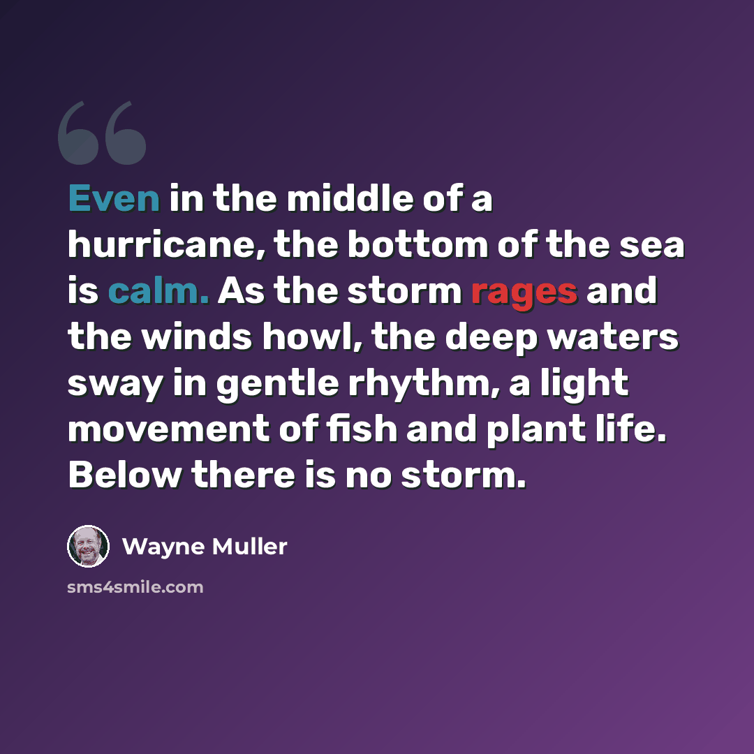 “Even in the middle of a hurricane, the bottom of the sea is calm. As the storm rages and the winds howl, the deep waters sway in gentle rhythm, a light movement of fish and plant life. Below there is no storm.” quote by Wayne Muller