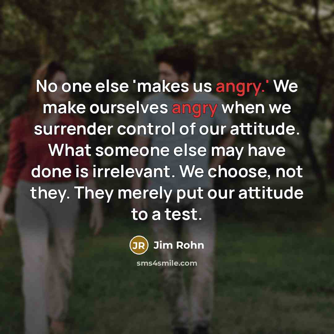 “No one else 'makes us angry.' We make ourselves angry when we surrender control of our attitude. What someone else may have done is irrelevant. We choose, not they. They merely put our attitude to a test.” quote by Jim Rohn
