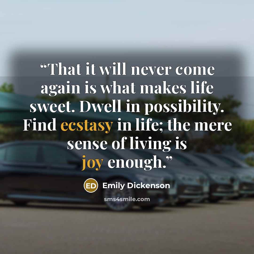 “That it will never come again is what makes life sweet. Dwell in possibility. Find ecstasy in life; the mere sense of living is joy enough.” quote by Emily Dickenson