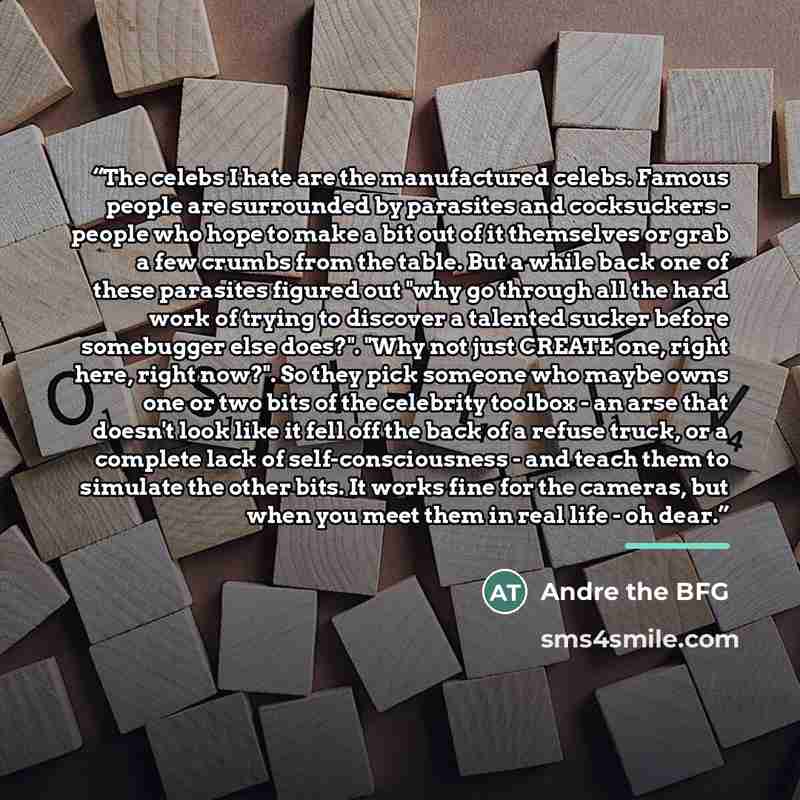 “The celebs I hate are the manufactured celebs. Famous people are surrounded by parasites and cocksuckers - people who hope to make a bit out of it themselves or grab a few crumbs from the table. But a while back one of these parasites figured out "why go through all the hard work of trying to…” quote by Andre the BFG