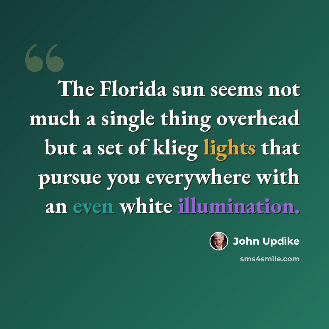 “The Florida sun seems not much a single thing overhead but a set of klieg lights that pursue you everywhere with an even white illumination.” quote by John Updike