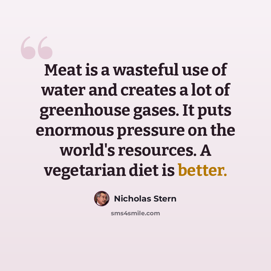“Meat is a wasteful use of water and creates a lot of greenhouse gases. It puts enormous pressure on the world's resources. A vegetarian diet is better.” quote by Nicholas Stern